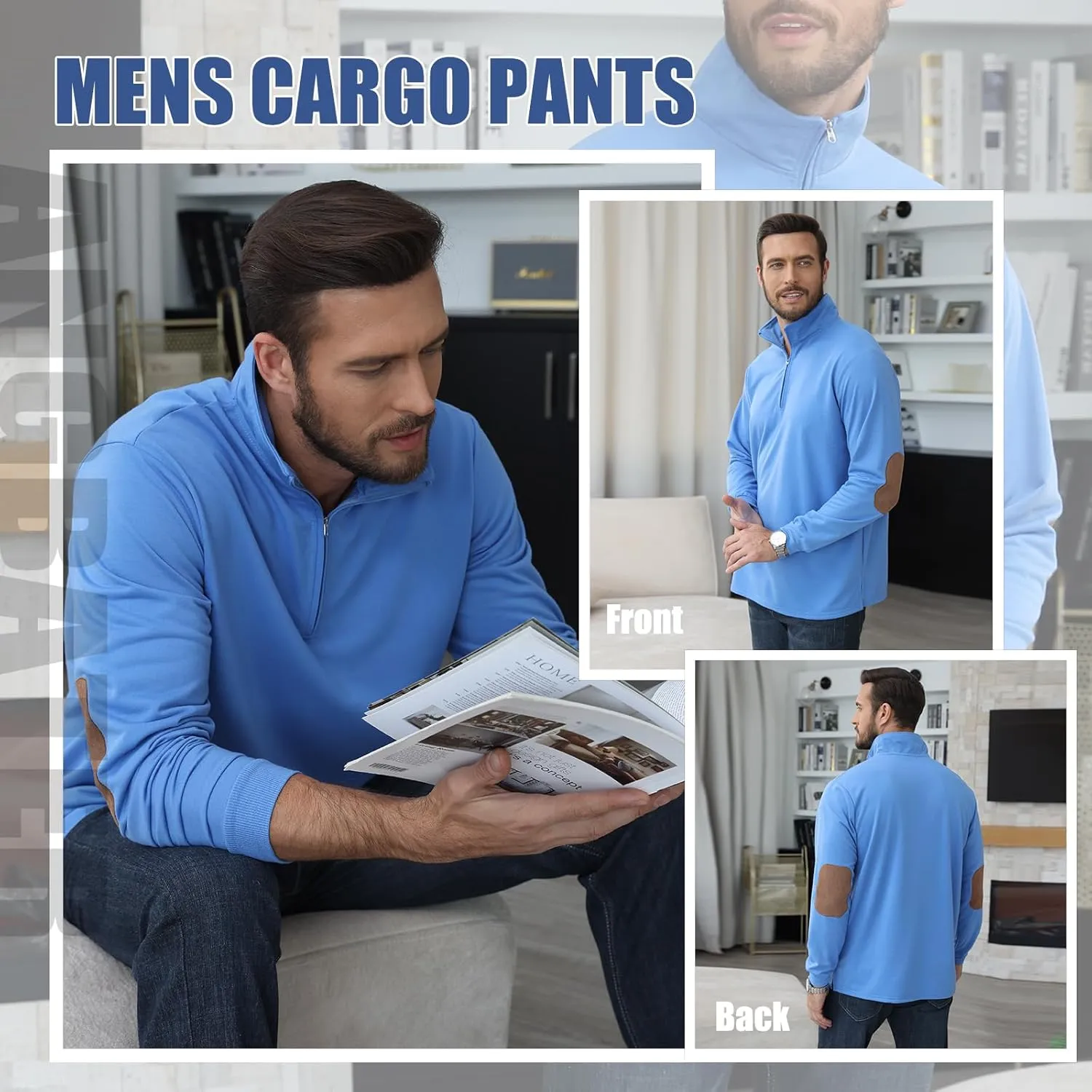 Angbater Mens Polo Shirts Lapel Collar Zipper Up Pullover Mock Neck Long Sleeve Golf Polo Sweatshirts with Elbow Patches