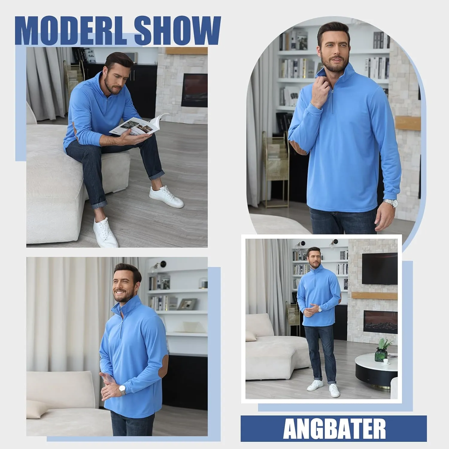 Angbater Mens Polo Shirts Lapel Collar Zipper Up Pullover Mock Neck Long Sleeve Golf Polo Sweatshirts with Elbow Patches