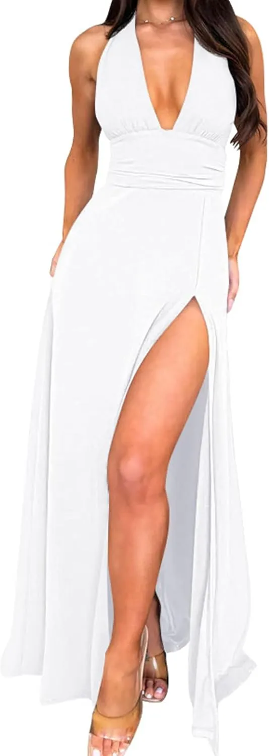 GOKATOSAU Women's Sexy Sleeveless Halter V Neck Ruched Waist Tie Back Side Split Long Maxi Dress