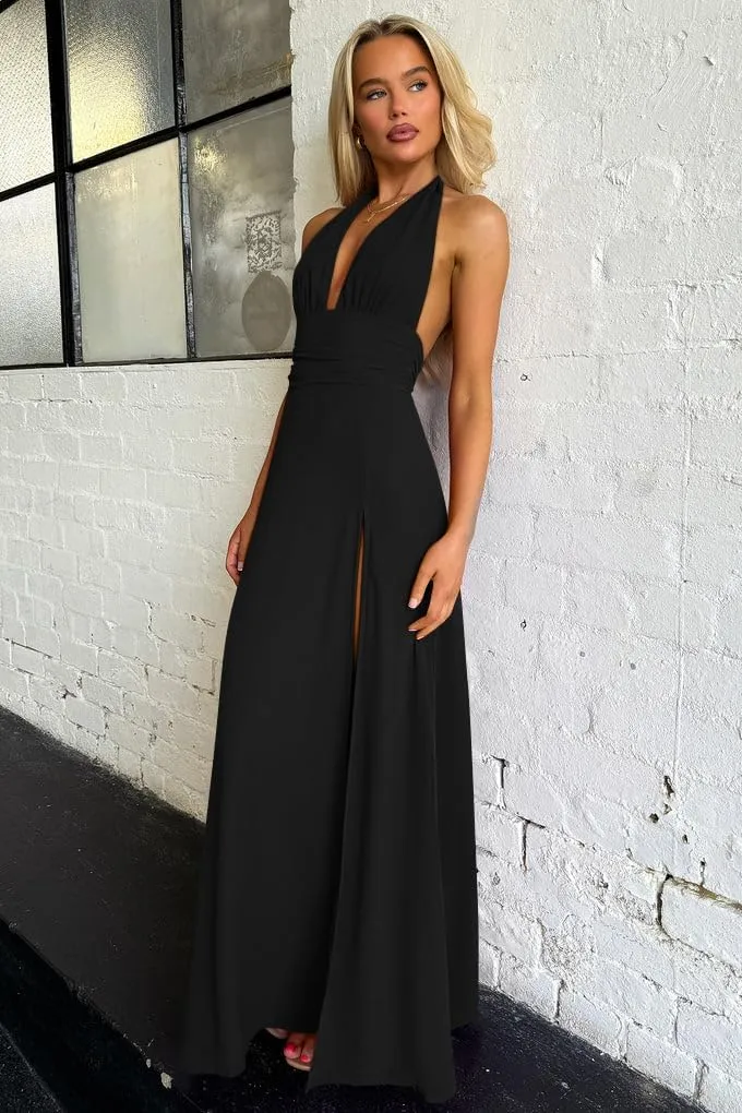 GOKATOSAU Women's Sexy Sleeveless Halter V Neck Ruched Waist Tie Back Side Split Long Maxi Dress