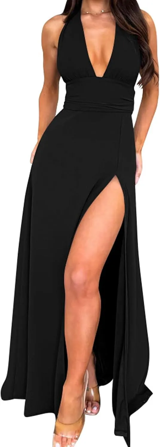 GOKATOSAU Women's Sexy Sleeveless Halter V Neck Ruched Waist Tie Back Side Split Long Maxi Dress