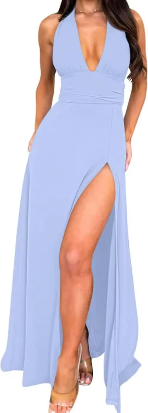 GOKATOSAU Women's Sexy Sleeveless Halter V Neck Ruched Waist Tie Back Side Split Long Maxi Dress