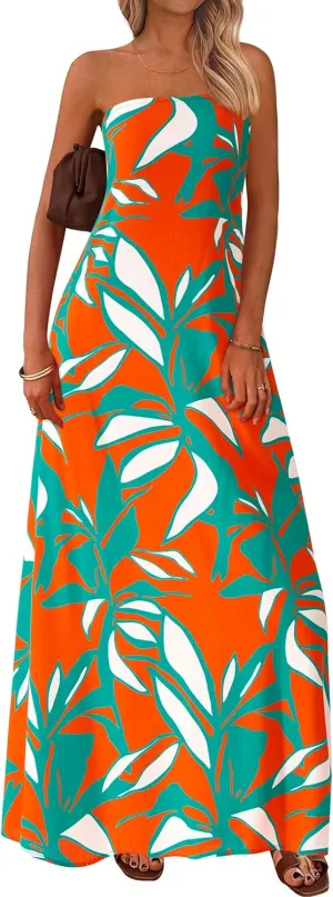 MASCOMODA Tube Strapless Top Dress for Women 2025 Summer Beach Long Maxi Dresses Smocked Boho Floral Flowy Resort Sundress
