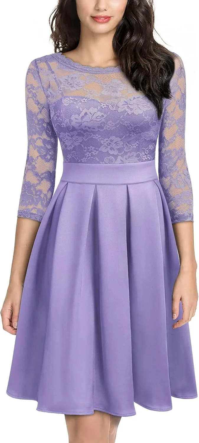 Miusol Women's Vintage Floral Lace 2/3 Sleeve Bridesmaid Cocktail Party Dress