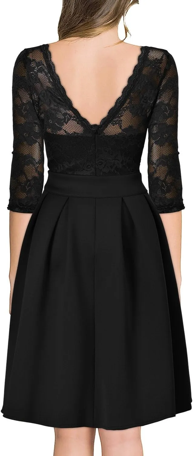 Miusol Women's Vintage Floral Lace 2/3 Sleeve Bridesmaid Cocktail Party Dress