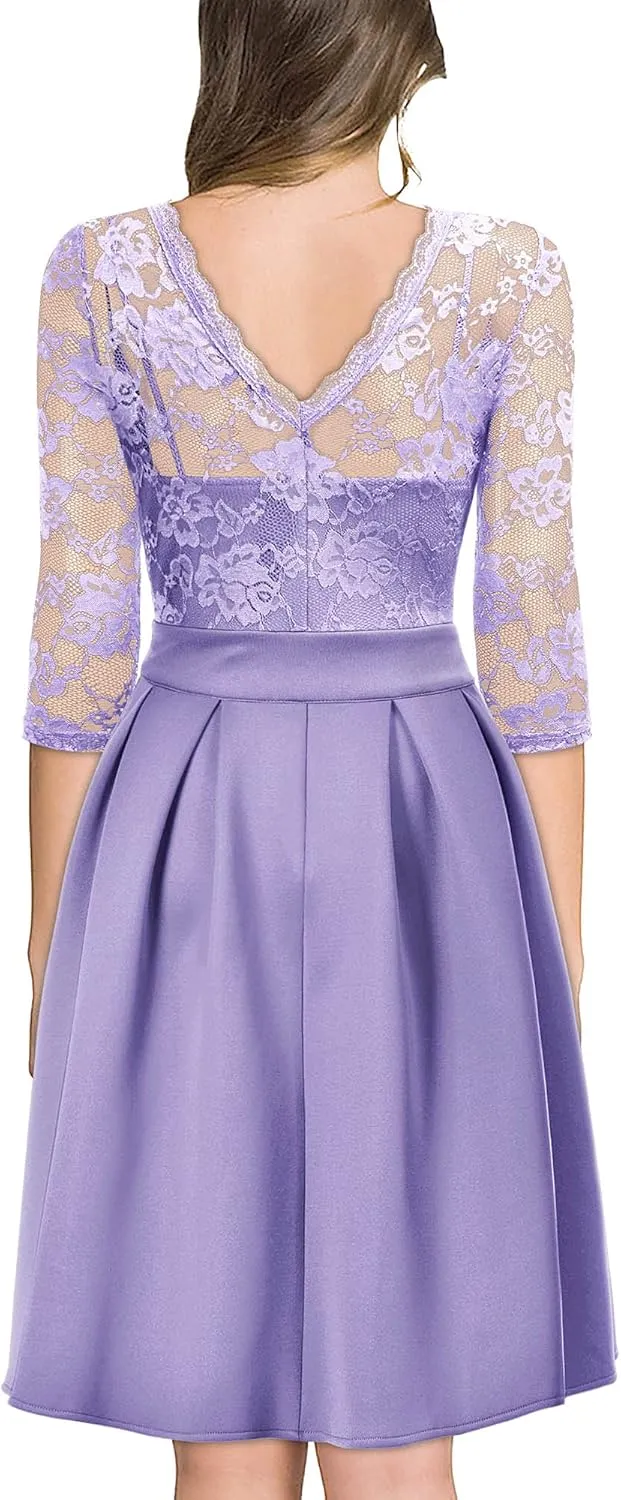 Miusol Women's Vintage Floral Lace 2/3 Sleeve Bridesmaid Cocktail Party Dress