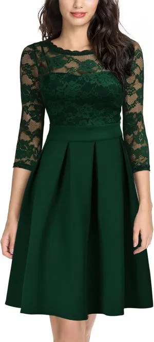 Miusol Women's Vintage Floral Lace 2/3 Sleeve Bridesmaid Cocktail Party Dress