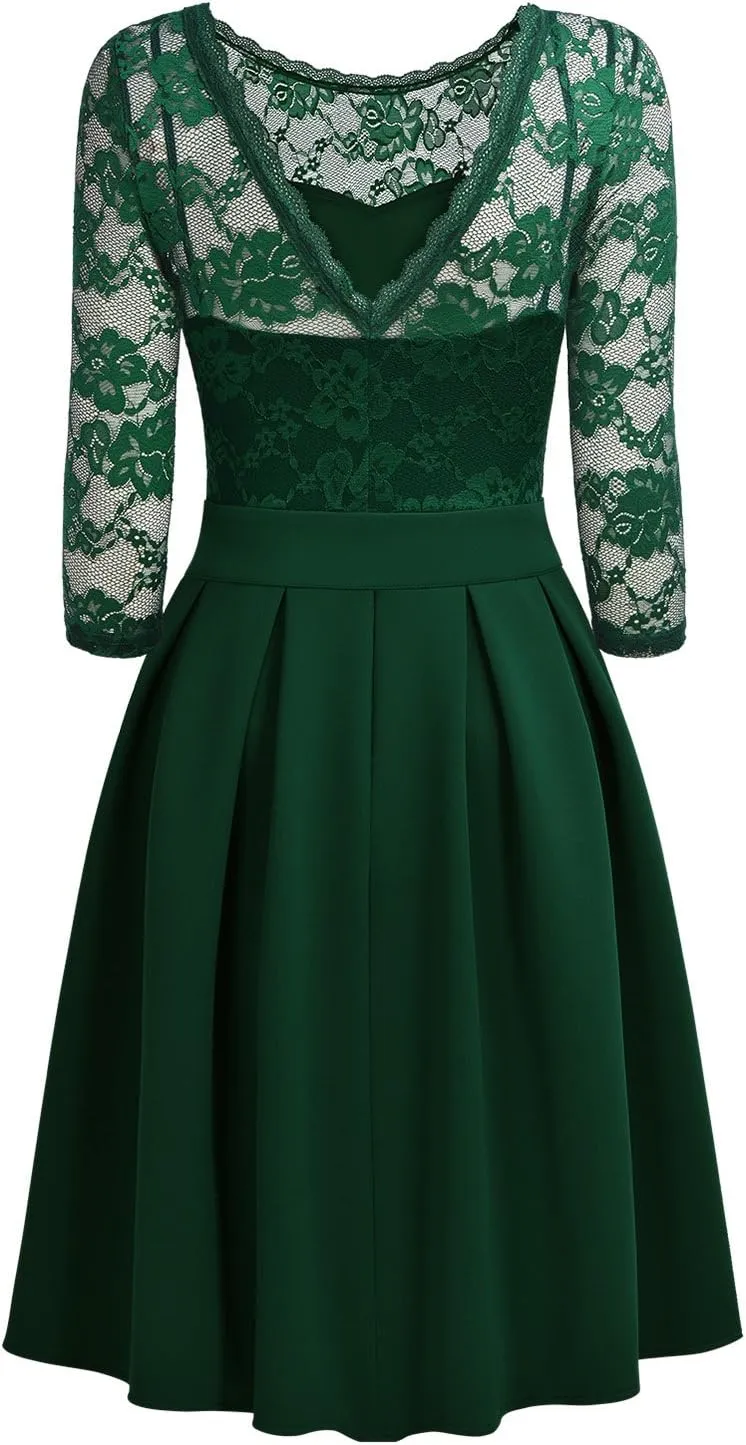 Miusol Women's Vintage Floral Lace 2/3 Sleeve Bridesmaid Cocktail Party Dress