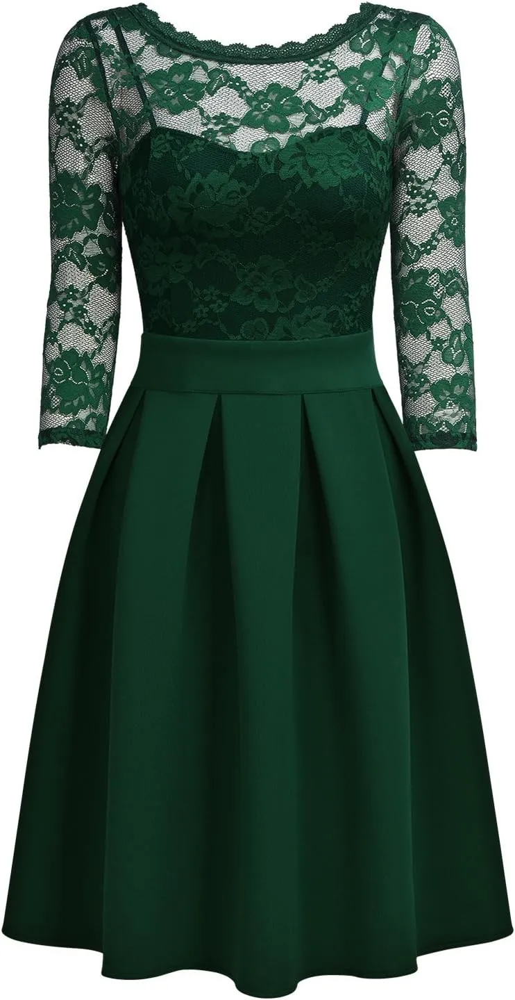 Miusol Women's Vintage Floral Lace 2/3 Sleeve Bridesmaid Cocktail Party Dress