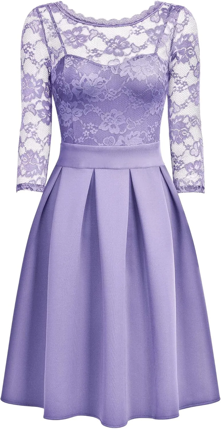 Miusol Women's Vintage Floral Lace 2/3 Sleeve Bridesmaid Cocktail Party Dress