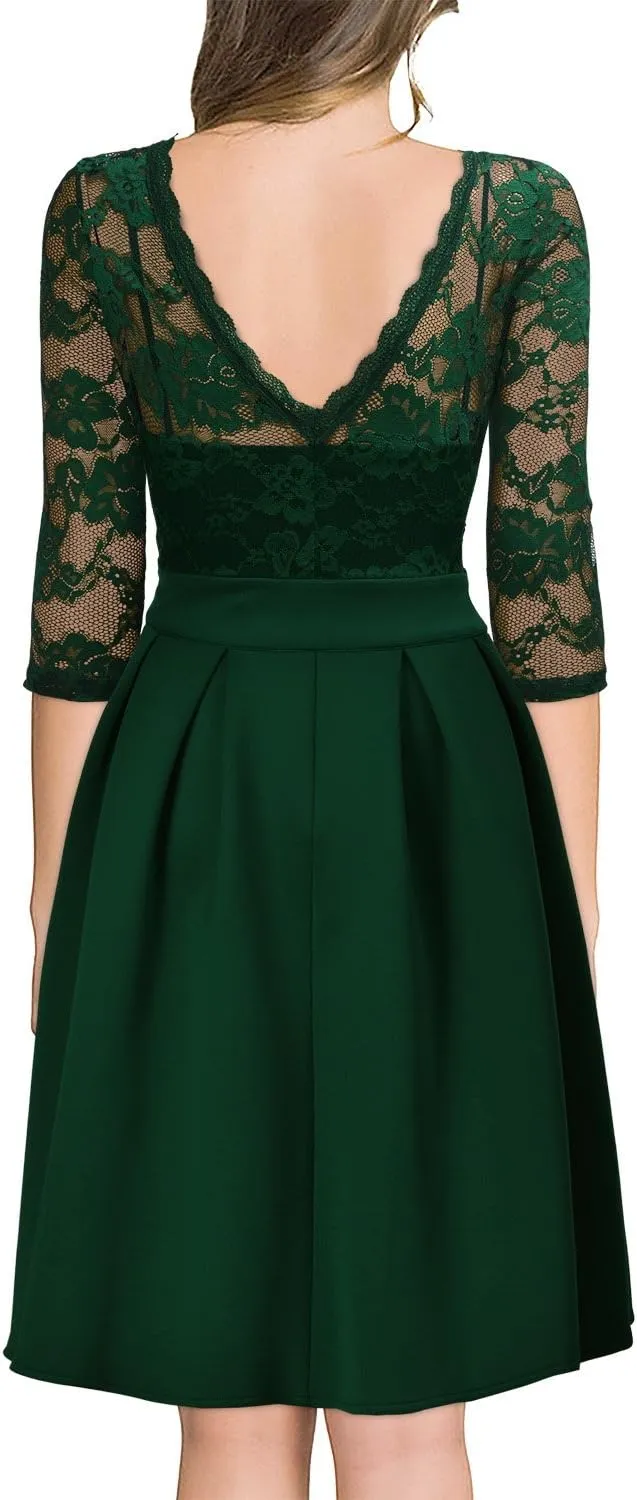 Miusol Women's Vintage Floral Lace 2/3 Sleeve Bridesmaid Cocktail Party Dress