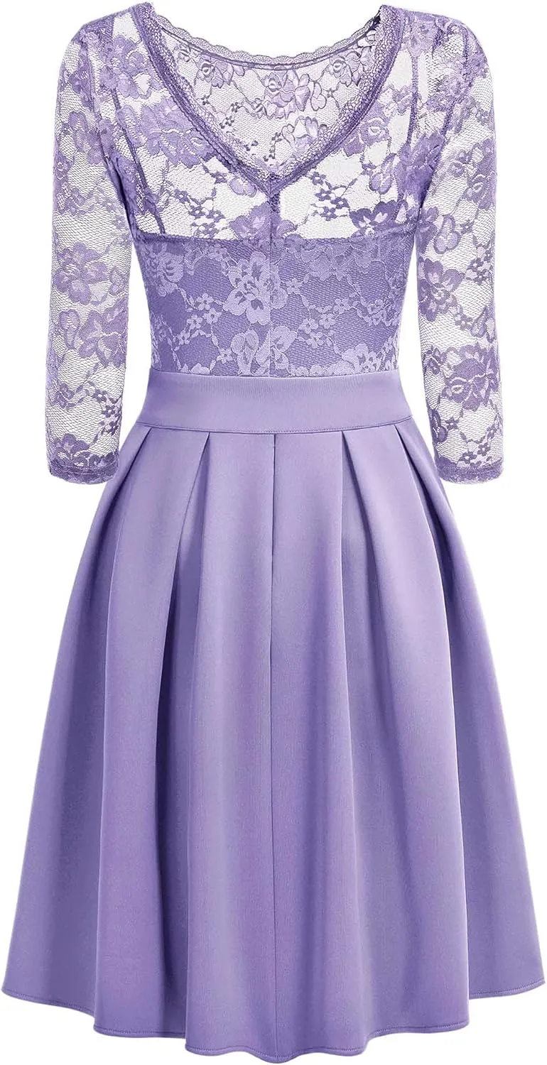 Miusol Women's Vintage Floral Lace 2/3 Sleeve Bridesmaid Cocktail Party Dress