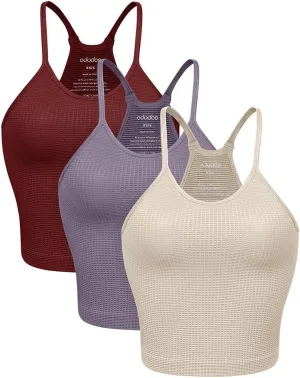 ODODOS Women's Crop 3-Pack Waffle Knit Seamless Camisole Cropped Tank Tops