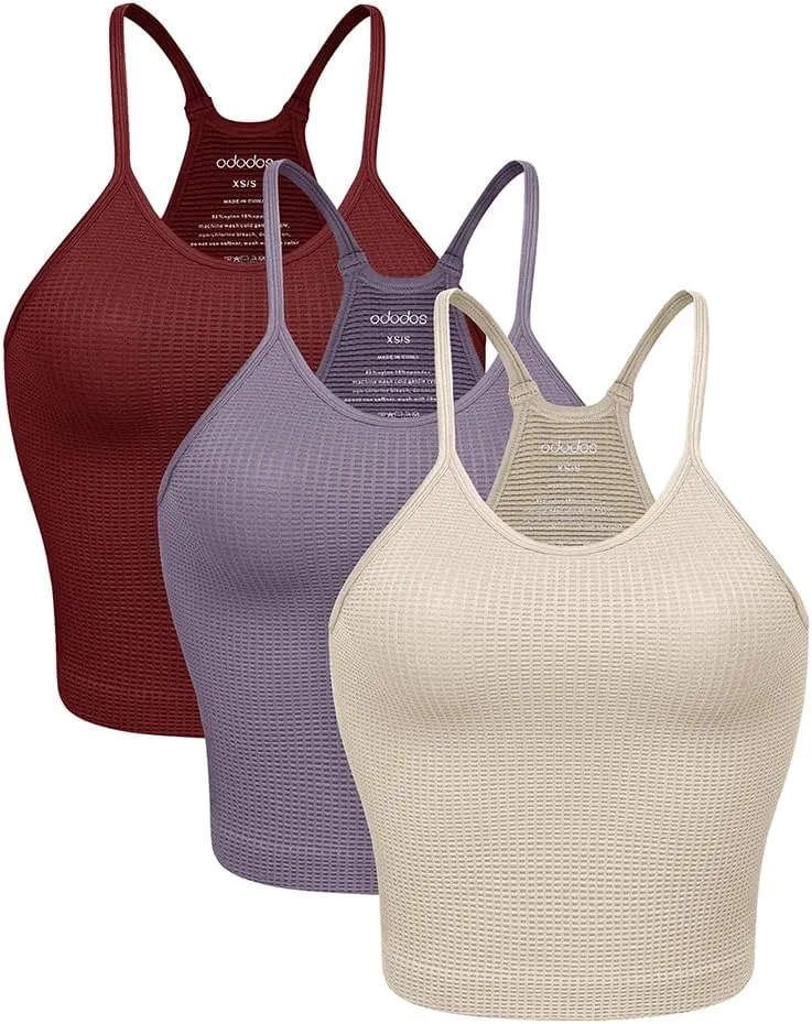 ODODOS Women's Crop 3-Pack Waffle Knit Seamless Camisole Cropped Tank Tops