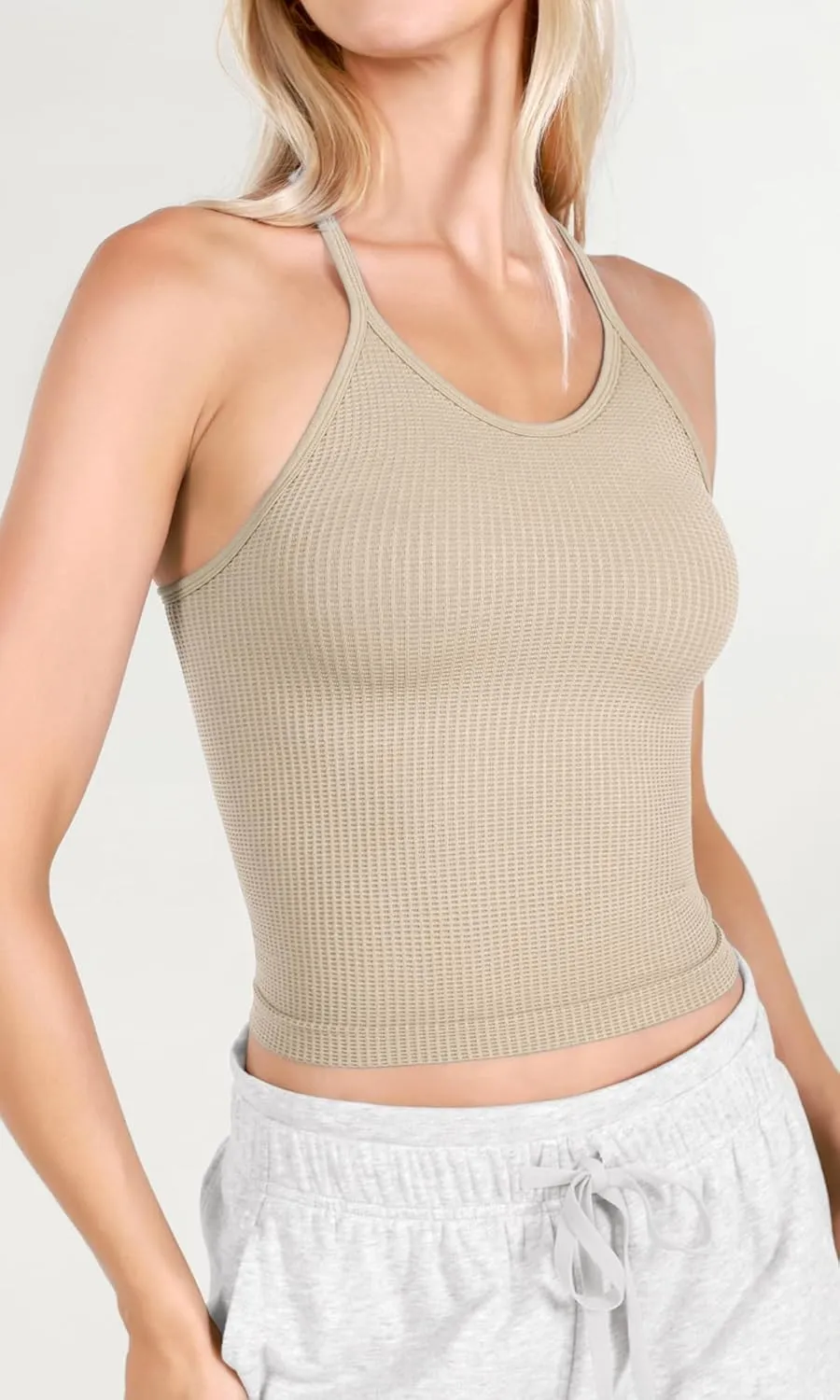 ODODOS Women's Crop 3-Pack Waffle Knit Seamless Camisole Cropped Tank Tops