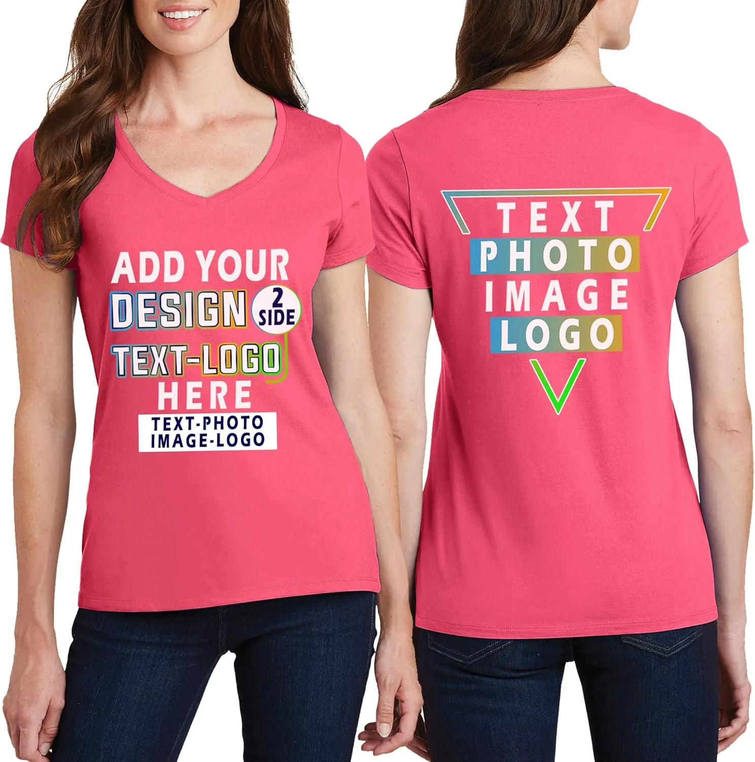 Personalized T-Shirts for Women Design Your Own Add Picture Photo Text Front Back Side Custom V Neck Shirts