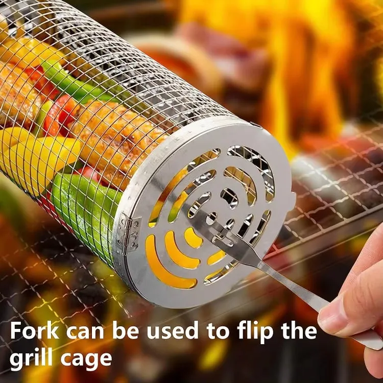 Upgrade Flip-top Lid BBQ Cage Stainless Steel Rolling Grilling Basket With Wooden Handle Small