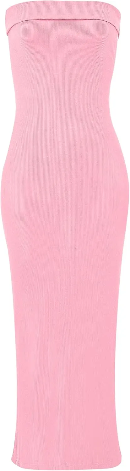 WIHOLL Womens Summer Dresses 2025 Fall Bodycon Maxi Tube Dress Strapless Side Slit Vacation Outfits
