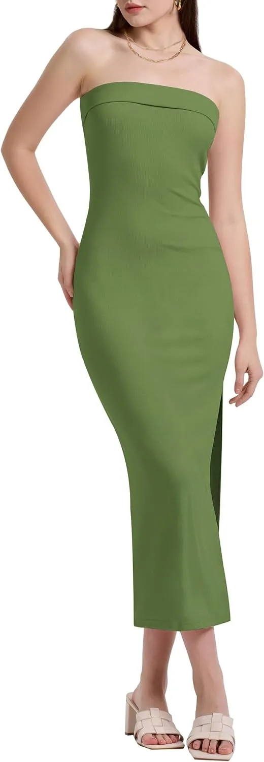 WIHOLL Womens Summer Dresses 2025 Fall Bodycon Maxi Tube Dress Strapless Side Slit Vacation Outfits