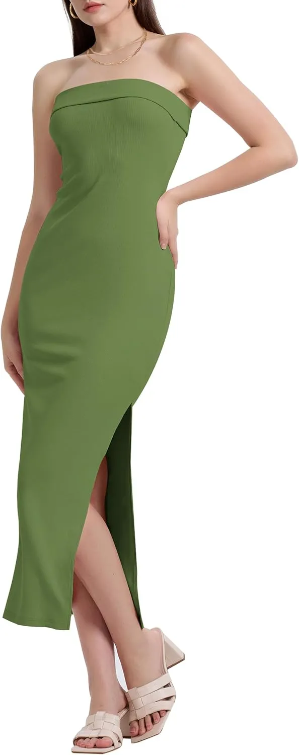 WIHOLL Womens Summer Dresses 2025 Fall Bodycon Maxi Tube Dress Strapless Side Slit Vacation Outfits