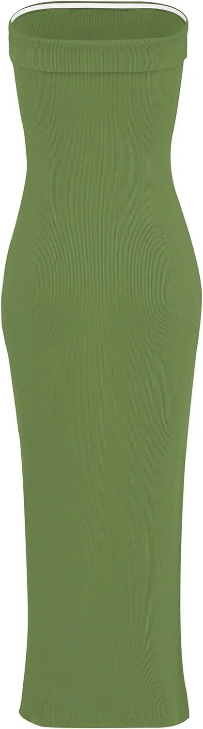 WIHOLL Womens Summer Dresses 2025 Fall Bodycon Maxi Tube Dress Strapless Side Slit Vacation Outfits